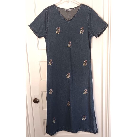 Vtg 90s Denim Maxi Dress Wn L Blue Floral Embroidered Cottage Prairie Modest Y2K - Picture 1 of 10